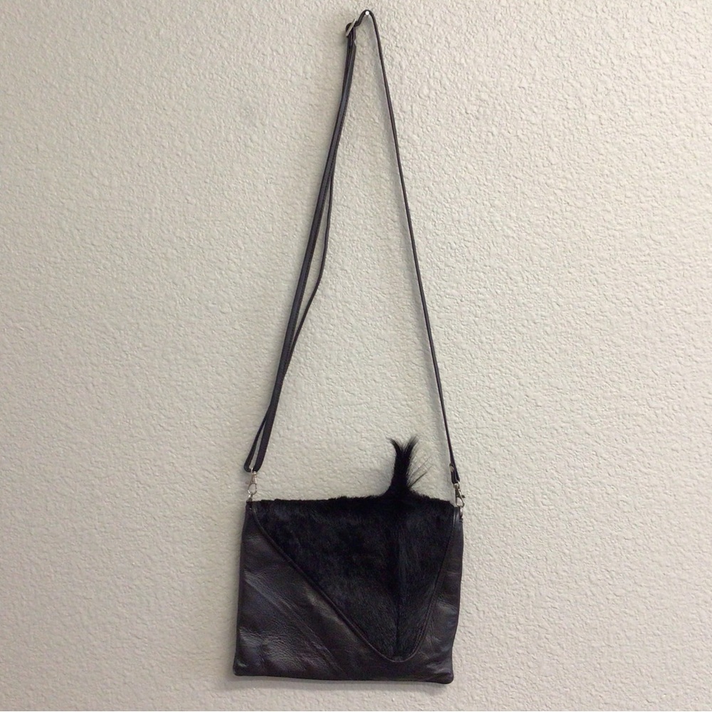 MOOI Black Leather Calf Hair Crossbody Bag Purse Handbag